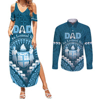 Personalised Fiji Happy Father's Day Couples Matching Summer Maxi Dress and Long Sleeve Button Shirt Au Lomani Iko Dad Polynesian Tribal LT05 Blue - Polynesian Pride