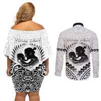 Personalised New Zealand Happy Father's Day Couples Matching Off Shoulder Short Dress and Long Sleeve Button Shirt Aroha Ahau Ki A Koe Papa Polynesian Tribal
