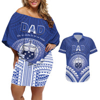 Personalised Samoa Happy Father's Day Couples Matching Off Shoulder Short Dress and Hawaiian Shirt Ou Te Alofa Ia Te Oe Tama Dad Polynesian Tribal LT05 Blue - Polynesian Pride