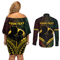 Personalised Vanuatu Happy Father's Day Couples Matching Off Shoulder Short Dress and Long Sleeve Button Shirt Mi Lavem Yu Papa Polynesian Tribal LT05 - Polynesian Pride