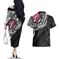 Hawaii Flag Day Couples Matching Off The Shoulder Long Sleeve Dress and Hawaiian Shirt Hawaiian Maile Lei