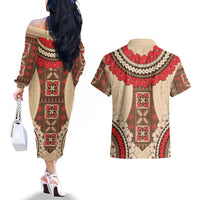 Samoa Language Week Couples Matching Off The Shoulder Long Sleeve Dress and Hawaiian Shirt Samoan Motif With Red Hibiscus