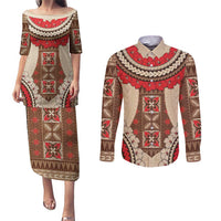 Samoa Language Week Couples Matching Puletasi and Long Sleeve Button Shirt Samoan Motif With Red Hibiscus LT05 Beige - Polynesian Pride