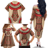 Samoa Language Week Family Matching Off The Shoulder Long Sleeve Dress and Hawaiian Shirt Samoan Motif With Red Hibiscus