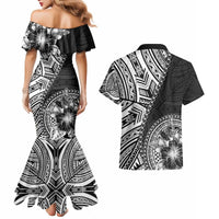 Hibiscus With Black Austronesian Tattoo Pattern Couples Matching Mermaid Dress and Hawaiian Shirt - Polynesian Pride