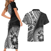 Hibiscus With Black Austronesian Tattoo Pattern Couples Matching Short Sleeve Bodycon Dress and Hawaiian Shirt - Polynesian Pride