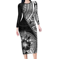 Hibiscus With Black Austronesian Tattoo Pattern Family Matching Long Sleeve Bodycon Dress and Hawaiian Shirt - Polynesian Pride