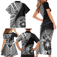 Hibiscus With Black Austronesian Tattoo Pattern Family Matching Short Sleeve Bodycon Dress and Hawaiian Shirt - Polynesian Pride