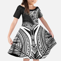 Hibiscus With Black Austronesian Tattoo Pattern Kid Short Sleeve Dress LT05 KID Black - Polynesian Pride