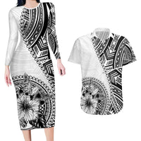Hibiscus With White Austronesian Tattoo Pattern Couples Matching Long Sleeve Bodycon Dress and Hawaiian Shirt - Polynesian Pride