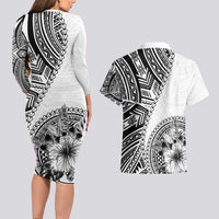 Hibiscus With White Austronesian Tattoo Pattern Couples Matching Long Sleeve Bodycon Dress and Hawaiian Shirt - Polynesian Pride