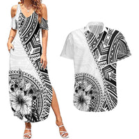 Hibiscus With White Austronesian Tattoo Pattern Couples Matching Summer Maxi Dress and Hawaiian Shirt - Polynesian Pride