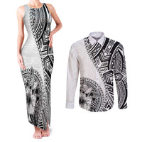Hibiscus With White Austronesian Tattoo Pattern Couples Matching Tank Maxi Dress and Long Sleeve Button Shirt - Polynesian Pride