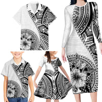 Hibiscus With White Austronesian Tattoo Pattern Family Matching Long Sleeve Bodycon Dress and Hawaiian Shirt - Polynesian Pride