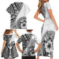 Hibiscus With White Austronesian Tattoo Pattern Family Matching Short Sleeve Bodycon Dress and Hawaiian Shirt - Polynesian Pride