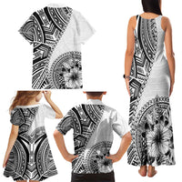 Hibiscus With White Austronesian Tattoo Pattern Family Matching Tank Maxi Dress and Hawaiian Shirt - Polynesian Pride