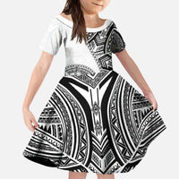 Hibiscus With White Austronesian Tattoo Pattern Kid Short Sleeve Dress LT05 KID White - Polynesian Pride
