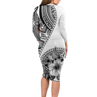 Hibiscus With White Austronesian Tattoo Pattern Long Sleeve Bodycon Dress - Polynesian Pride