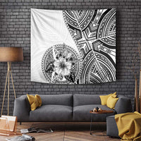 Hibiscus With White Austronesian Tattoo Pattern Tapestry - Polynesian Pride
