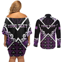 Personalised Aotearoa Moriori Couples Matching Off Shoulder Short Dress and Long Sleeve Button Shirt Maori Pattern New Zealand - Polynesian Pride