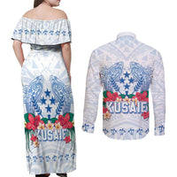 Happy Kosrae Liberation Day Couples Matching Off Shoulder Maxi Dress and Long Sleeve Button Shirt Polynesian Shark Turtle Motif