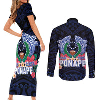 Happy Pohnpei Liberation Day Couples Matching Short Sleeve Bodycon Dress and Long Sleeve Button Shirt Polynesian Shark Turtle Motif