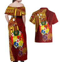 Personalized Tonga Eua Couples Matching Off Shoulder Maxi Dress and Hawaiian Shirt Maroon Shining Parrot Coat Of Arms With Ngatu Pattern LT05 - Polynesian Pride
