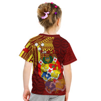 Personalized Tonga Eua Kid T Shirt Maroon Shining Parrot Coat Of Arms With Ngatu Pattern LT05 - Polynesian Pride