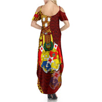 Personalized Tonga Eua Summer Maxi Dress Maroon Shining Parrot Coat Of Arms With Ngatu Pattern LT05 - Polynesian Pride