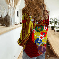 Personalized Tonga Eua Women Casual Shirt Maroon Shining Parrot Coat Of Arms With Ngatu Pattern LT05 - Polynesian Pride