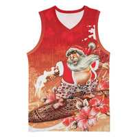 Hawaii Funny Christmas Basketball Jersey Santa Surfing With Tapa Pattern - Polynesian Pride