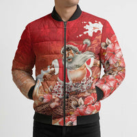 Hawaii Funny Christmas Bomber Puffer Jacket Santa Surfing With Tapa Pattern - Polynesian Pride