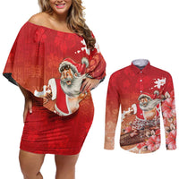 Hawaii Funny Christmas Couples Matching Off Shoulder Short Dress and Long Sleeve Button Shirt Santa Surfing With Tapa Pattern LT05 Red - Polynesian Pride