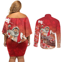 Hawaii Funny Christmas Couples Matching Off Shoulder Short Dress and Long Sleeve Button Shirt Santa Surfing With Tapa Pattern LT05 - Polynesian Pride