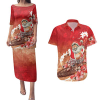 Hawaii Funny Christmas Couples Matching Puletasi and Hawaiian Shirt Santa Surfing With Tapa Pattern - Polynesian Pride