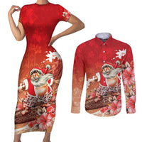 Hawaii Funny Christmas Couples Matching Short Sleeve Bodycon Dress and Long Sleeve Button Shirt Santa Surfing With Tapa Pattern - Polynesian Pride