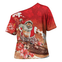 Hawaii Funny Christmas Cross Shoulder Shirt Santa Surfing With Tapa Pattern - Polynesian Pride