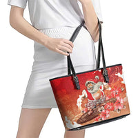 Hawaii Funny Christmas Leather Tote Bag Santa Surfing With Tapa Pattern - Polynesian Pride