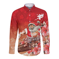 Hawaii Funny Christmas Long Sleeve Button Shirt Santa Surfing With Tapa Pattern - Polynesian Pride