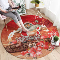 Hawaii Funny Christmas Round Carpet Santa Surfing With Tapa Pattern - Polynesian Pride