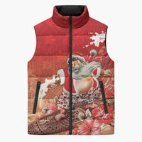 Hawaii Funny Christmas Sleeveless Puffer Jacket Santa Surfing With Tapa Pattern - Polynesian Pride