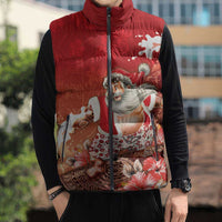Hawaii Funny Christmas Sleeveless Puffer Jacket Santa Surfing With Tapa Pattern - Polynesian Pride