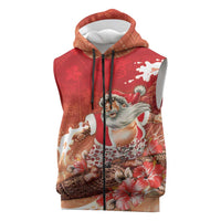 Hawaii Funny Christmas Sleeveless Zip Hoodie Santa Surfing With Tapa Pattern LT05 Red - Polynesian Pride