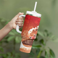 Hawaii Funny Christmas Tumbler With Handle Santa Surfing With Tapa Pattern - Polynesian Pride