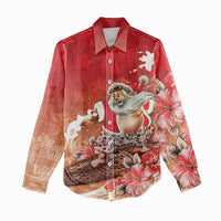 Hawaii Funny Christmas Women Casual Shirt Santa Surfing With Tapa Pattern - Polynesian Pride