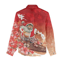 Hawaii Funny Christmas Women Casual Shirt Santa Surfing With Tapa Pattern - Polynesian Pride