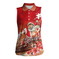 Hawaii Funny Christmas Women Sleeveless Polo Shirt Santa Surfing With Tapa Pattern - Polynesian Pride