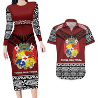 Personalised Tonga Constitution Day Couples Matching Long Sleeve Bodycon Dress and Hawaiian Shirt Tongan Kupesi Ngatu Pattern