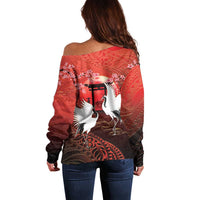 Hawaii and Japan Together Off Shoulder Sweater Polynesian Art Tattoo With Cranes And Sakura LT05 - Polynesian Pride