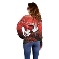 Hawaii and Japan Together Off Shoulder Sweater Polynesian Art Tattoo With Cranes And Sakura LT05 - Polynesian Pride